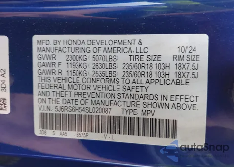 2025 Honda Cr-V Hybrid Sport из США, поврежденный, VIN 5J6RS6H54SL020087